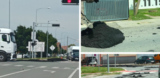 Iz poluprikolice se rasuo asfalt po raskrižju u Bizovcu, policija obavlja očevid